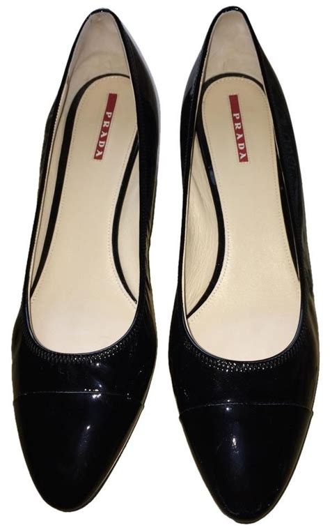 prada black patent pumps|Prada kitten heel pumps.